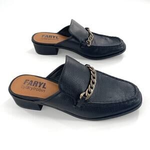 Faryl by Farylrobin Womens‎ Slip On Loafers Mules Black Faux Leather Chain Sz 9